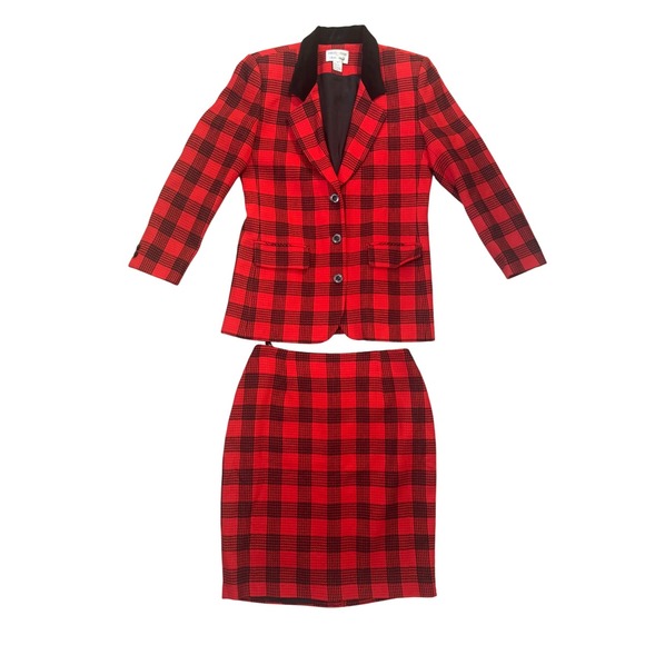 Focus-2000 Dresses & Skirts - Vintage Focus-2000 Red Black Plaid Wool Skirt Suit Blazer Set Size‎ 10 Retro
